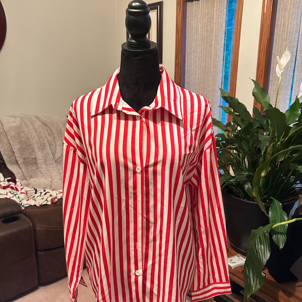 Red and White Striped Button-Up Shirt